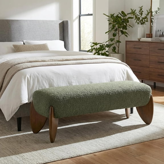 CIMOTA Green End of Bed Bench for Bedroom/Hallway/Dress Room/Living Room, Modern Entryway Bench, Boucle Window Bench with Padded Seat/Scalloped Wooden Legs, 50 Inch Long/Chenille