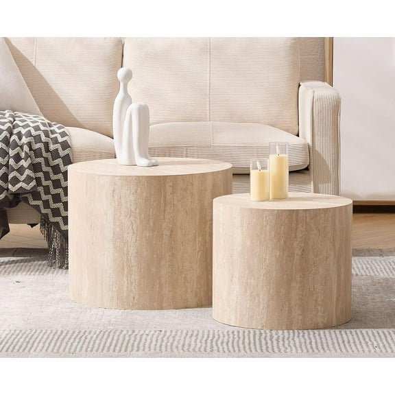 CIMOTA Round Wood Nesting Coffee Table Set of 2, Modern Circle Travertine End Side Table Sets for Living Room, Light Wooden Color/No Assembling