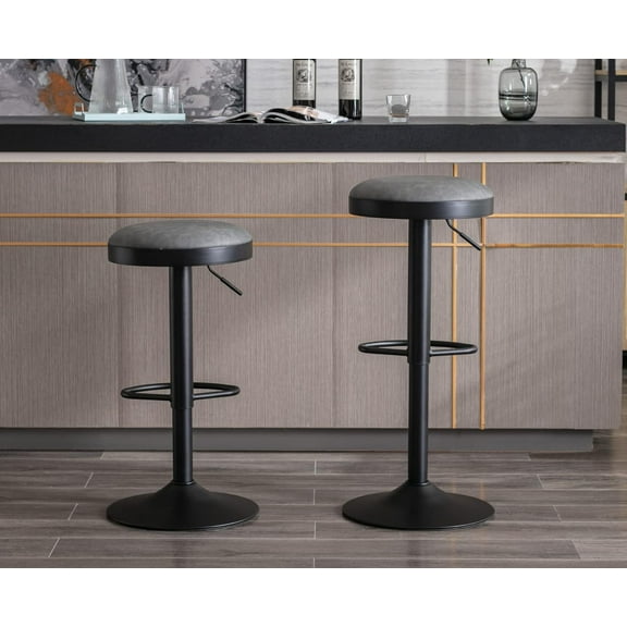 CIMOTA Swivel Round Bar Stools Set of 2 Backless Adjustable Counter Height Barstools Modern Industrial PU Leather Bar Stool Chair for Kitchen/Home Bar/Pub/Bistro/Office, Retro Grey