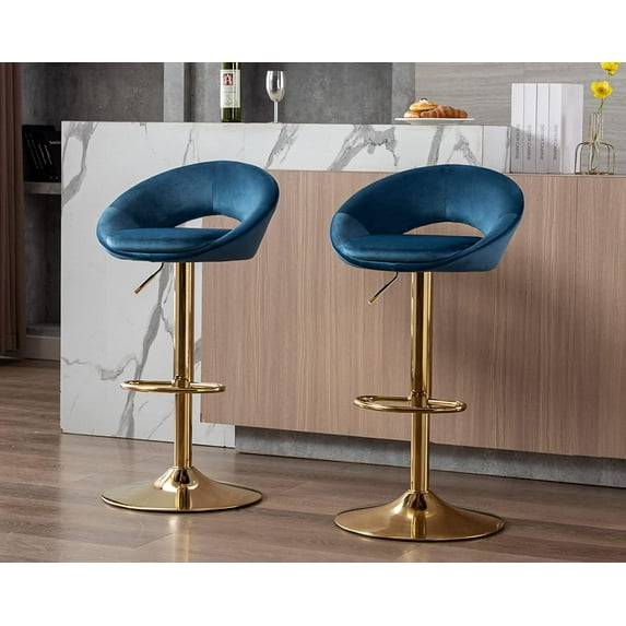CIMOTA Swivel Velvet Bar Stools Set of 2 Adjustable Counter Height Bar Stool Chairs with Open Back/Gold Base for Island/Home Bar/Dining Room/Kitchen/Bistro, 24-33 Inch Navy Blue