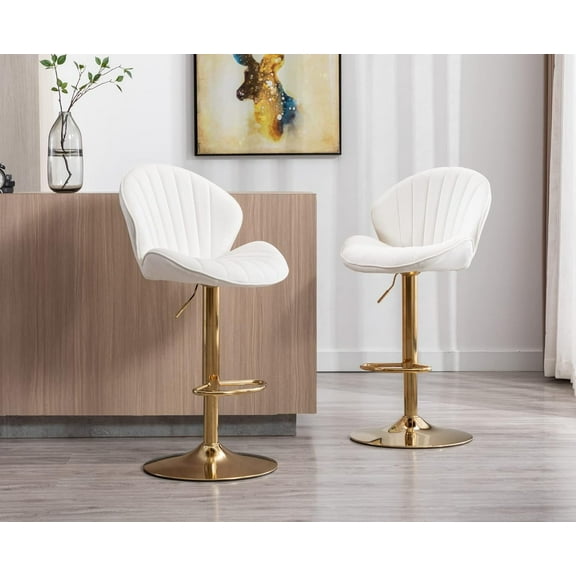 CIMOTA White and Gold Bar Stools Set of 2 Adjustable Height Bar Chairs Modern Swivel Barstools with Shell Shape Back Kitchen Stools for Island/Home Bar/Counter, (Gold Base/Velvet Cream White)