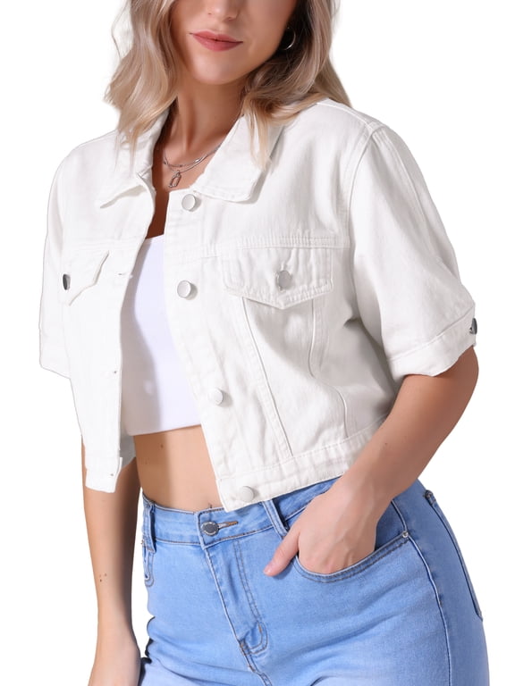 Women's Denim Cropped Short Sleeve Button Up Frayed Washed Jean Jacket White XL