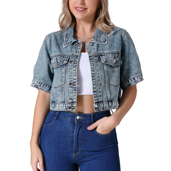 INSPIRE CHIC Women's Denim Cropped Short Sleeve Button Up Frayed Washed Jean Jacket L Gray Blue