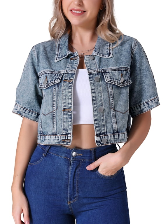 Women's Denim Cropped Short Sleeve Button Up Frayed Washed Jean Jacket Gray Blue 2XL