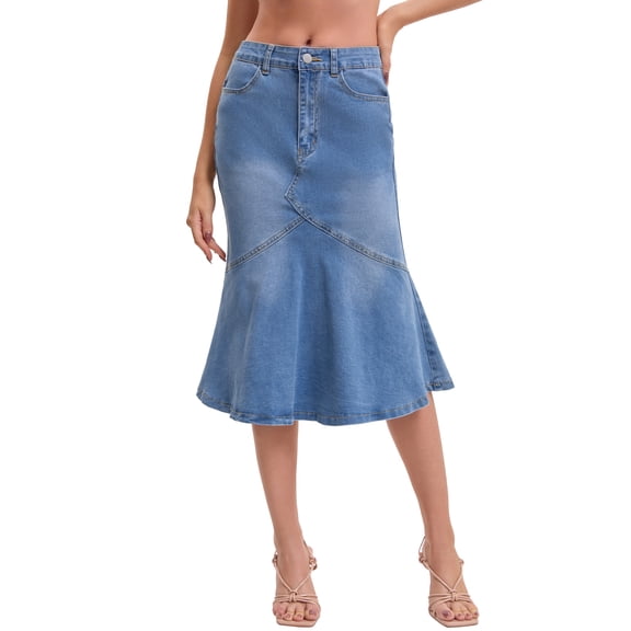 INSPIRE CHIC Women's Bodycon Fishtail Denim Skirt High Waisted Ruffled Knee Length Jean Skirt L Sky Blue