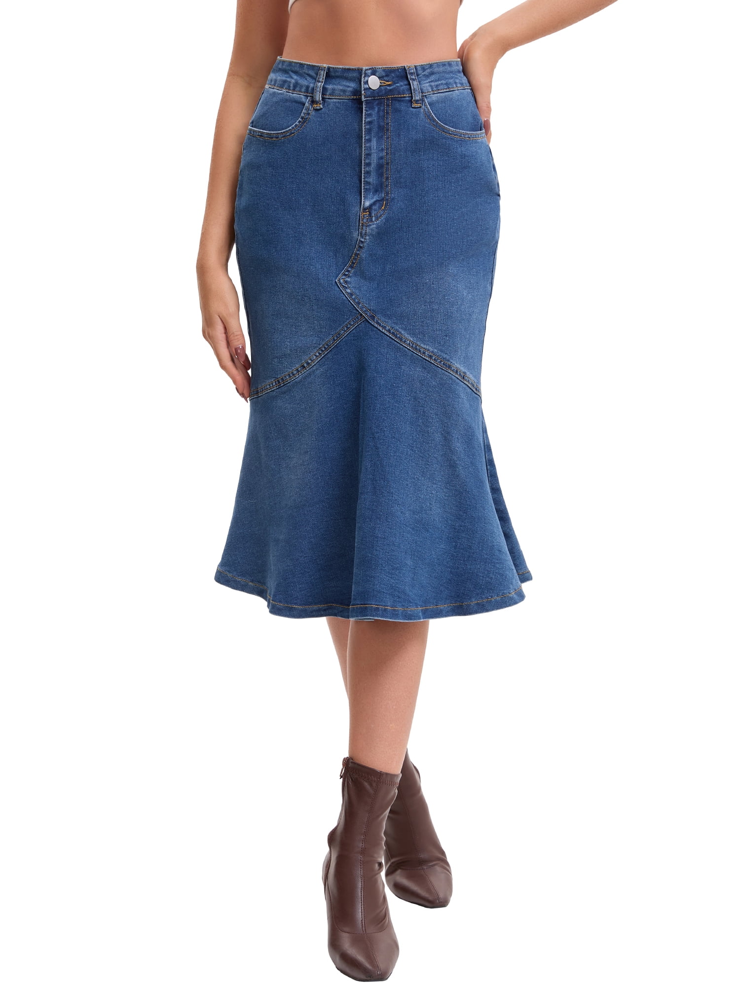 INSPIRE CHIC Women's Bodycon Fishtail Denim Skirt High Waisted Ruffled ...