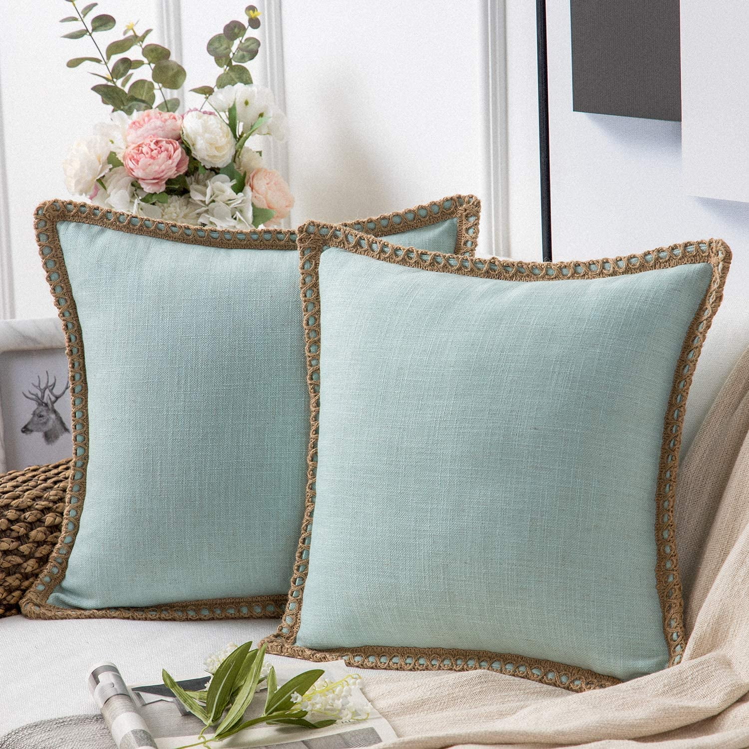 Home Brilliant Linen Pillow Covers 18x18 Decorative Throw Pillow Cover  Burlap Lined for Couch Bench Patio Sofa, 2 Pack, 18x18 inch(45x45cm), Light