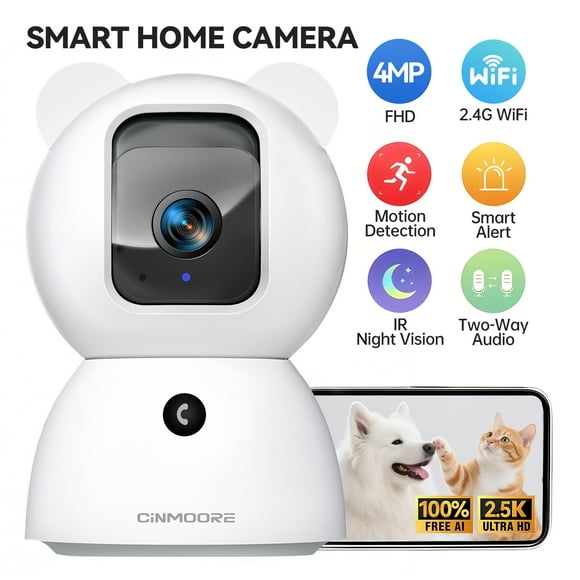 CINMOORE 2.5K Pet/Dog/Cat Camera with Phone App, No-Subscription Local Person/Pet/Cry Detection, 4MP Security Camera Indoor, PTZ WiFi Cameras for Home Security, Color Night Vision, Full Duplex Audio