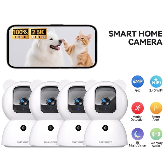 CINMOORE 2.5K Pet/Dog/Cat Camera w/ Phone App, No-Subscription Local Person/Pet/Cry Detection, 4MP Security Camera Indoor, PTZ WiFi Cameras for Home Security, Color Night Vision,Full Duplex Audio,4PC