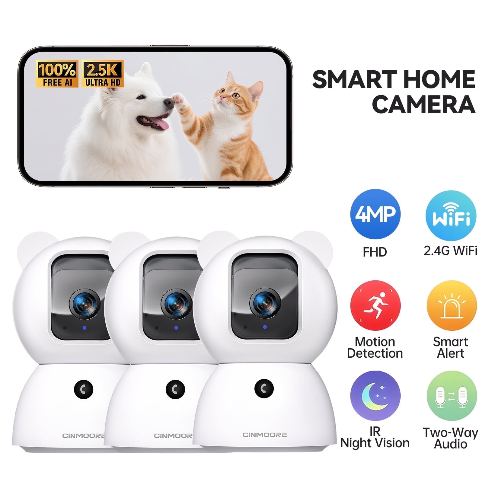 CINMOORE 2.5K Pet/Dog/Cat Camera w/ Phone App, No-Subscription Local Person/Pet/Cry Detection, 4MP Security Camera Indoor, PTZ WiFi Cameras for Home Security, Color Night Vision,Full Duplex Audio,3PC