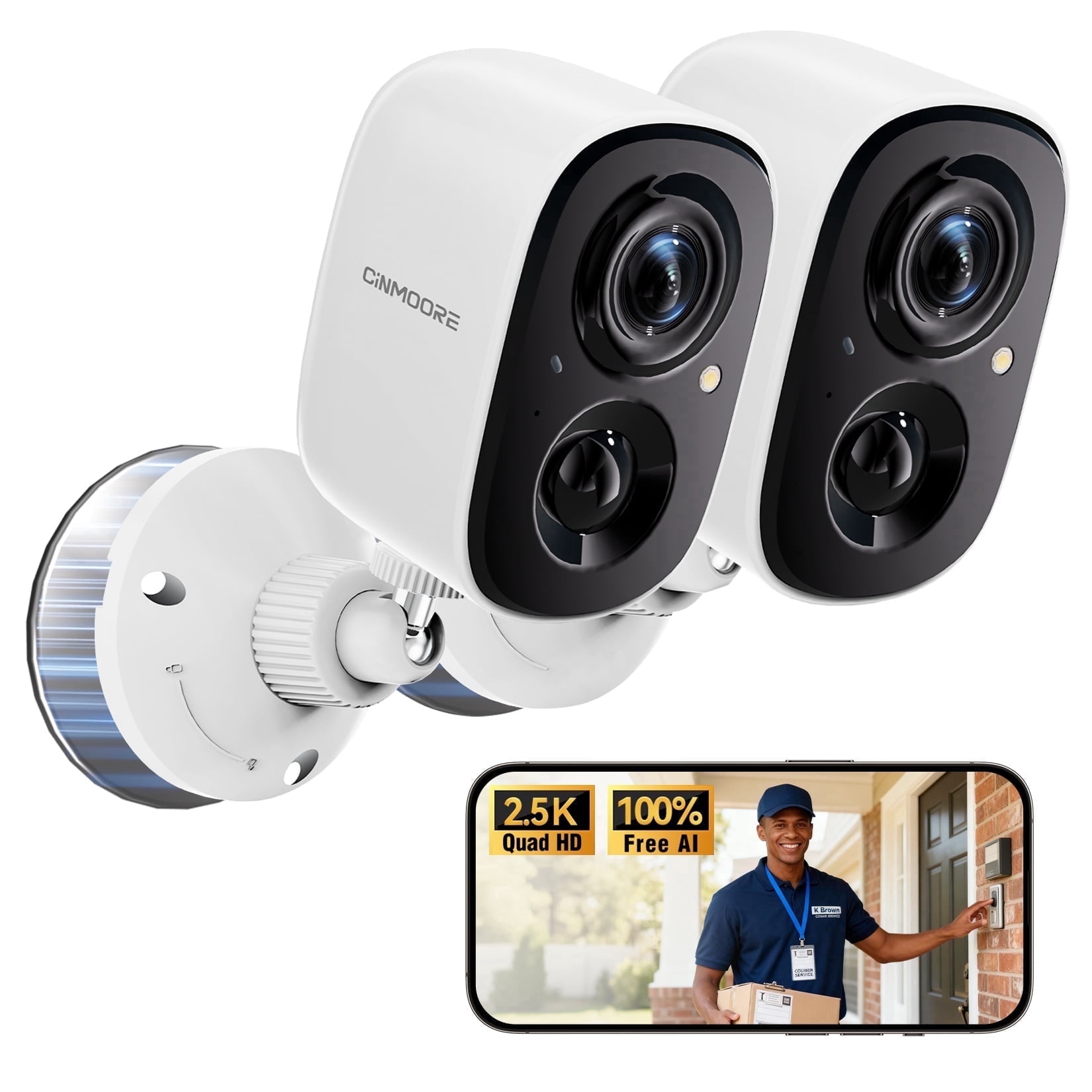 CINMOORE 2.5K Wireless Home Security Cameras Outdoor WiFi, Non-Subscription AI Motion/Person Detection, 4MP Crystal Night Vision, Full Duplex 2-Way Audio, IP66 Waterproof Battery Powered, 2 Pack