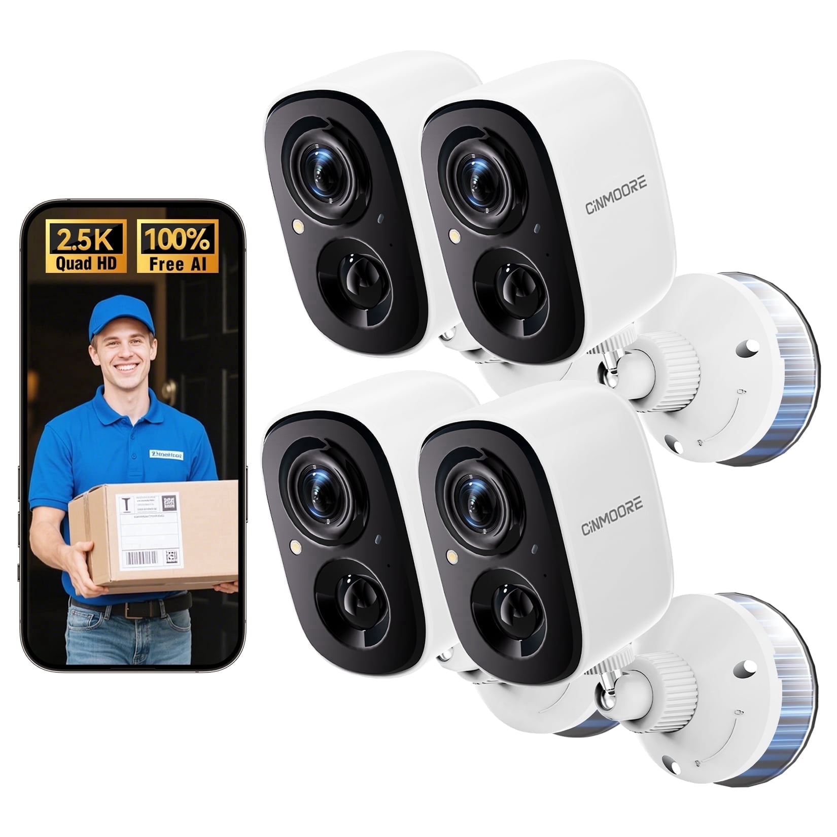 CINMOORE 2.5K Wireless Home Security Cameras Outdoor WiFi, Non-Subscription AI Motion/Person Detection, 4MP Crystal Night Vision, Full Duplex 2-Way Audio, IP66 Waterproof Battery Powered, 4-Pack