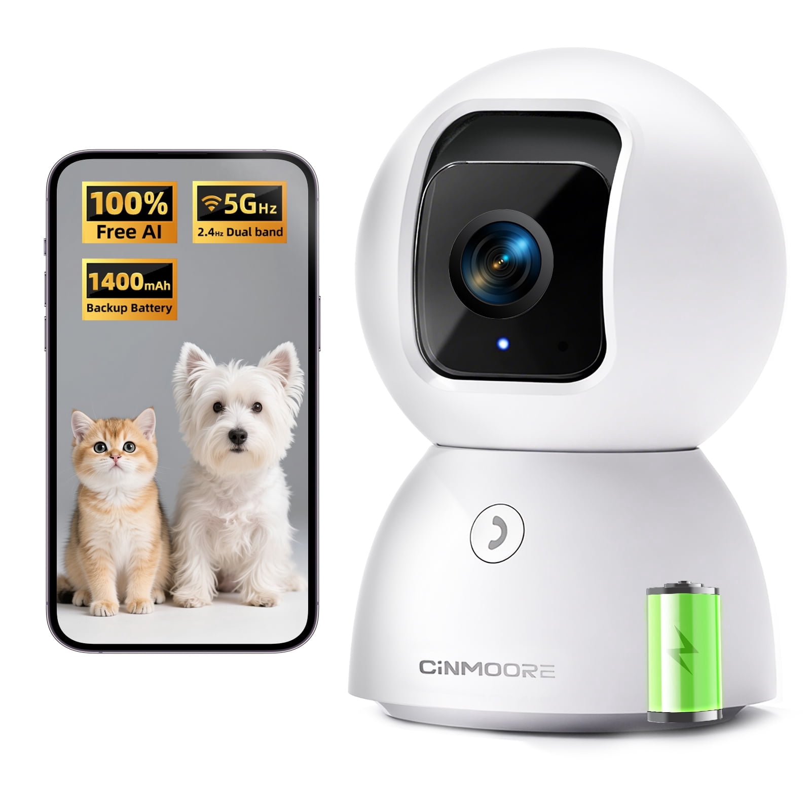 CINMOORE 3K 5G Wi-Fi Security Camera Indoor, Backup Battery for Power Outage Protection, Free AI Tracking Facial ID, 5MP Pet/Dog Camera w/Speaker & Phone App, PTZ Baby Monitor, 0-Glow Night Vision