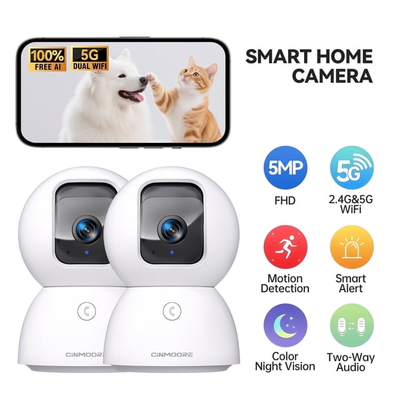 CINMOORE 3K Indoor Home Camera w/ No Monthly Fees AI Tracking&Face ID, Pet/Dog Camera Indoor w/Phone App, 2.4/5GHz WiFi Camera for Home Security Baby Monitor, Pan/Tilt, Full Duplex 2-Way Audio, 2Pack