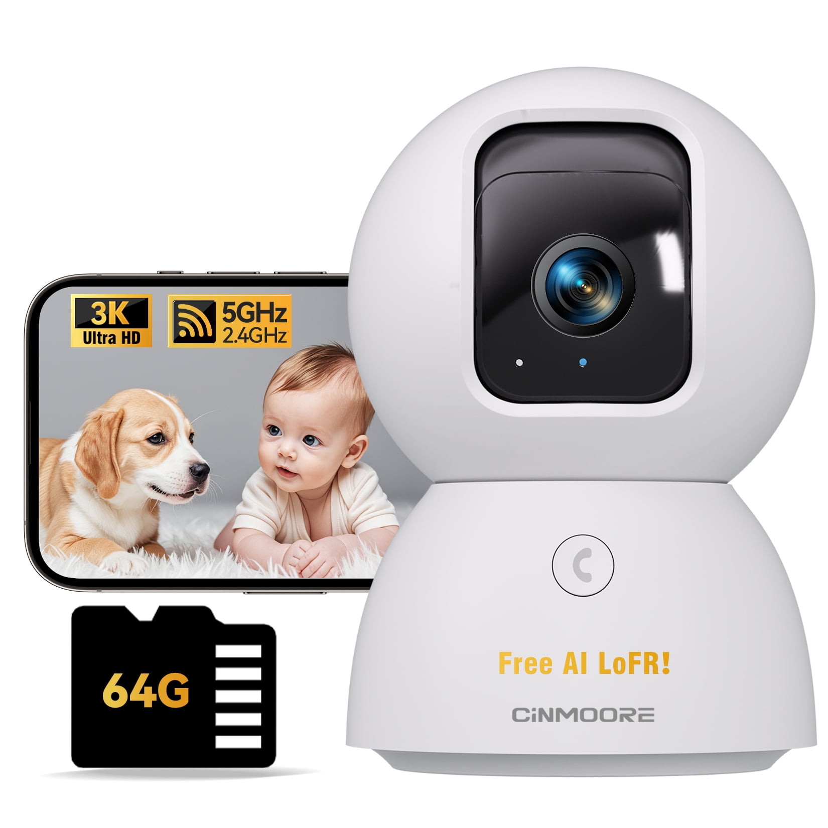 CINMOORE 3K 5MP Pet/Dog Camera with Phone App, Dual-Band WiFi 6 5GHz Indoor Cameras for Home Security, Baby Camera Monitor, AI Tracking w/Facial Recognition, Pan/Tilt, 2-Way Talk, 64GB SD/Cloud