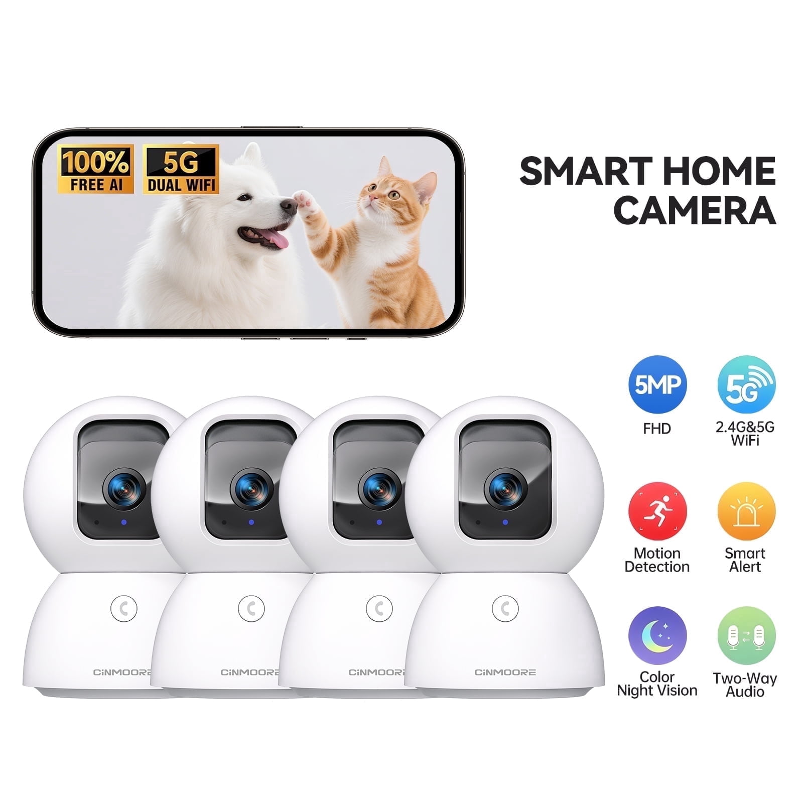 CINMOORE 3K Indoor Home Camera w/ No Monthly Fees AI Tracking&Face ID, Pet/Dog Camera Indoor w/Phone App, 2.4/5GHz WiFi Camera for Home Security Baby Monitor, Pan/Tilt, Full Duplex 2-Way Audio, 4Pack
