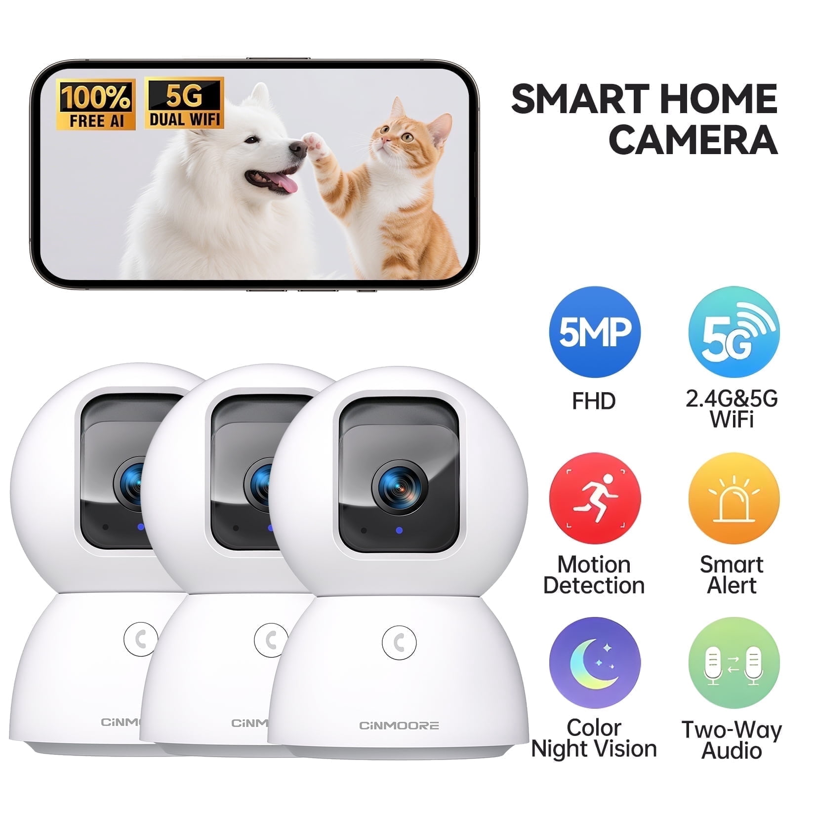 CINMOORE 3K Indoor Home Camera w/ No Monthly Fees AI Tracking&Face ID, Pet/Dog Camera Indoor w/Phone App, 2.4/5GHz WiFi Camera for Home Security Baby Monitor, Pan/Tilt, Full Duplex 2-Way Audio, 3Pack