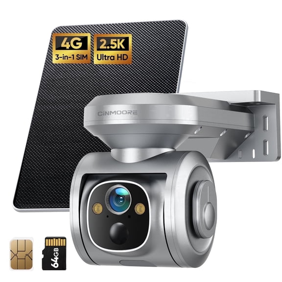 CINMOORE 4G LTE Cellular Security Camera Solar-Powered Wireless Outdoor, 24/7 Recording No WiFi Needed, 2.5K 4MP Color Night Vision, 360° Pan & Tilt Live View, Includes SIM Card & 64GB eMMC