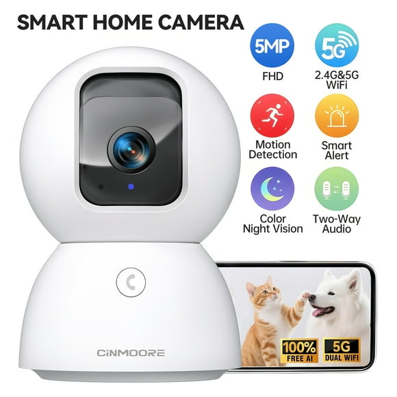 CINMOORE 5G Security Camera Indoor - 3K Pet/Dog Camera with Speaker/Phone App | PTZ WiFi Baby Monitor for Home Security | AI Tracking, Facial Recognition, 0-Glow Night Vision, 2-Way Talk,