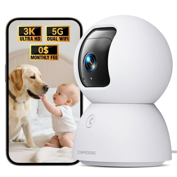 CINMOORE 5G Security Camera Indoor - 3K Pet/Dog Camera with Speaker/Phone App | PTZ WiFi Baby Monitor for Home Security | AI Tracking, Facial Recognition, 0-Glow Night Vision, 2-Way Talk,