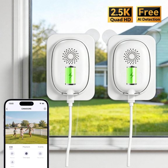 CINMOORE 2.5K Window Security Camera – No Drill Anti-Glare, Free AI Human/Vehicle/Pet Detection, 5000mAh Battery & Wired, Indoor to Outdoor, Face Recognition, 24/7 Recording, 2 Pack