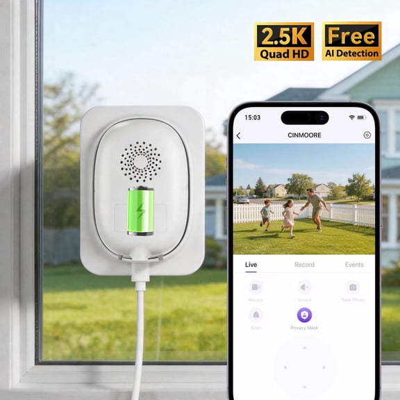CINMOORE 2.5K Window Security Camera – No Drill Anti-Glare, Free AI Human/Vehicle/Pet Detection, 5000mAh Battery & Wired, Indoor to Outdoor, Face Recognition, 24/7 Recording