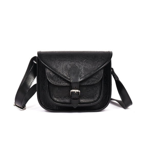 CINNI LEATHER Black Leather Sling Bag, Embossed Floral Saddle Bag