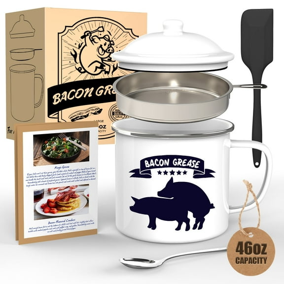 CINNIE&JHIN Bacon Grease Container with Strainer - With Food-Grade Spatula and Spoon, Farmhouse Enamel Bacon Grease Saver, Fat Keeper, Recipes, Dishwasher Safe, 46OZ, White