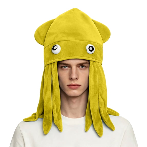 CINVREST Halloween Hats For Adults Funny Plush Fleece Party Octopus Hat Flannel Comfy Soft Fashion Holiday Headwear (Free Size, Yellow)