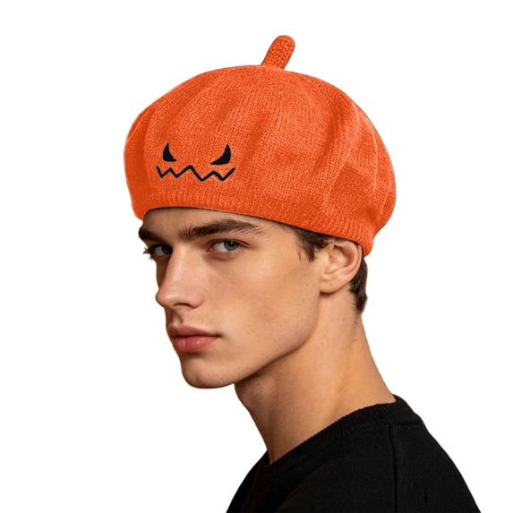 CINVREST Halloween Party Hat Creative Pumpkin Beret-Hat Cute Embroidery Fashion Knitted Hats Fall Winter Party Headwear (Free Size, Orange)