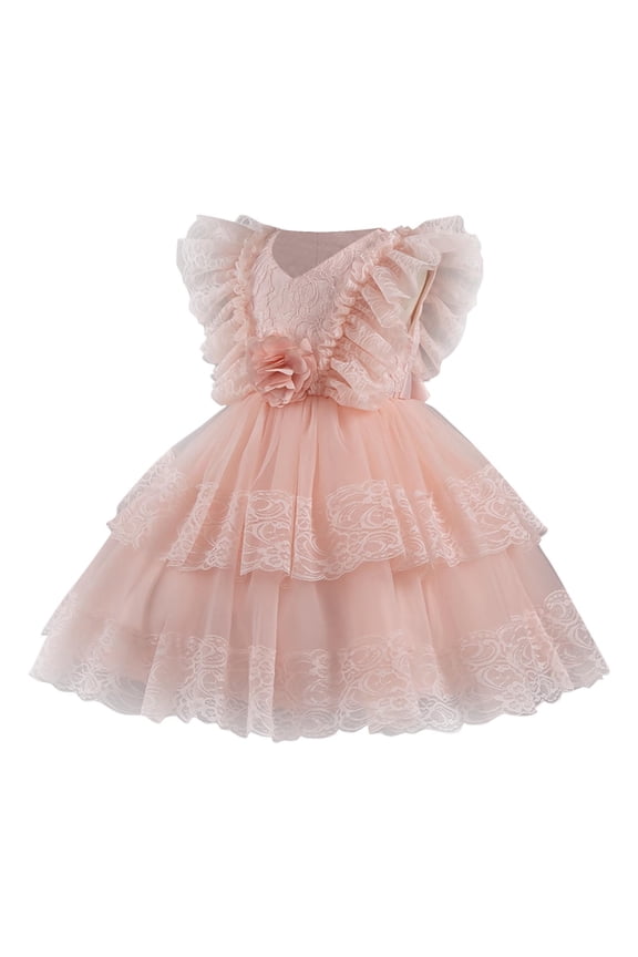 Mesh Princess Dress Girls V Neck Sleeveless Ruffle Tiered Fairy Dresses Wedding Party Outfits (2 Years, Pink)