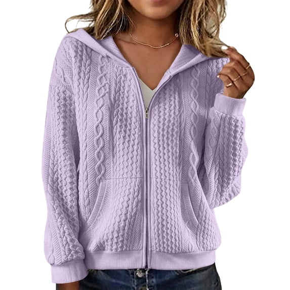 CINVREST Women's Bomber Jackets Plus Size Zip Up Hooded Jacquard Coat Casual Lightweight Fall Cropped Outwear Tops With Pockets (2XL, Purple|Hood)