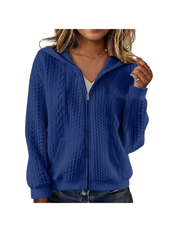 Women's Bomber Jackets Plus Size Zip Up Hooded Jacquard Coat Casual Lightweight Fall Cropped Outwear Tops With Pockets (M, Dark Blue|Hood)