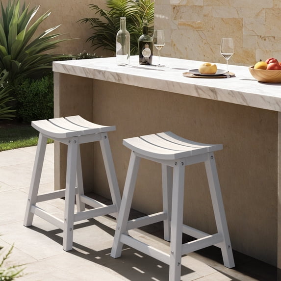 CIOKEA 24'' Bar Stools set of 2, All-Weather Durable Heavy Duty HDPE Stools with Footrest, Waterproof Patio Seats Modern Bar Height Stools for Indoor/Outdoor, Classic White
