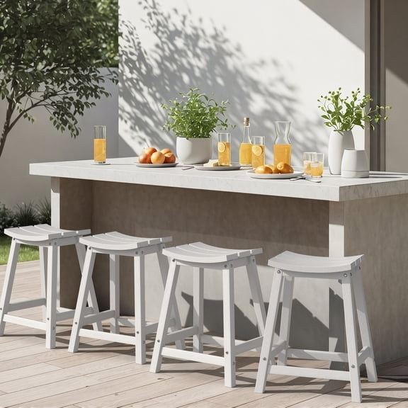 CIOKEA 24'' Bar Stools set of 4, All-Weather Durable Heavy Duty HDPE Stools with Footrest, Waterproof Patio Seats Modern Bar Height Stools for Indoor/Outdoor, Classic White