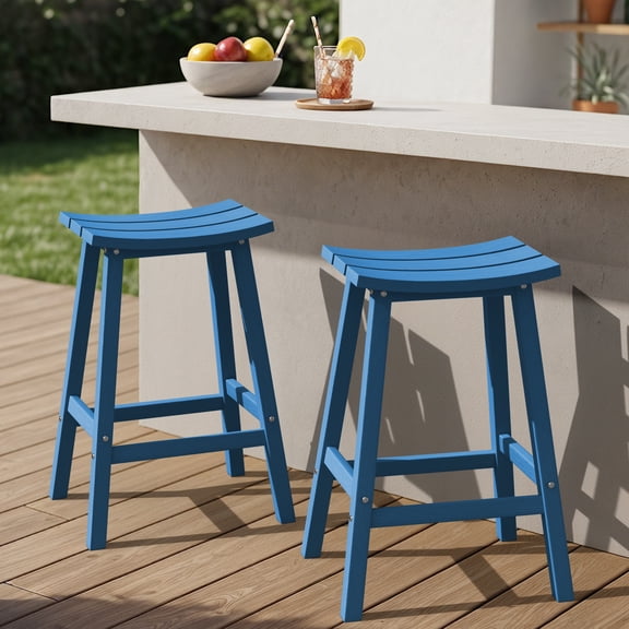 CIOKEA 29'' Bar Stools set of 2, All-Weather Durable Heavy Duty HDPE Stools with Footrest, Waterproof Patio Seats Modern Bar Height Stools for Indoor/Outdoor, Dark Bule