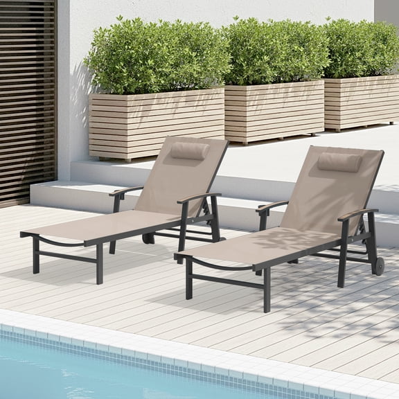 CIOKEA Aluminum Outdoor Chaise Lounge Chair Set of 2 with Pillow & Armrest, Patio Lounge Chair with 5-Position Adjustable Recliner & Wheels for Poolside Backyard, Off White