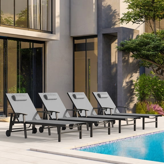 CIOKEA Aluminum Outdoor Chaise Lounge Chair Set of 4 with Pillow & Armrest, Patio Lounge Chair with 5-Position Adjustable Recliner & Wheels for Poolside Backyard, Gray