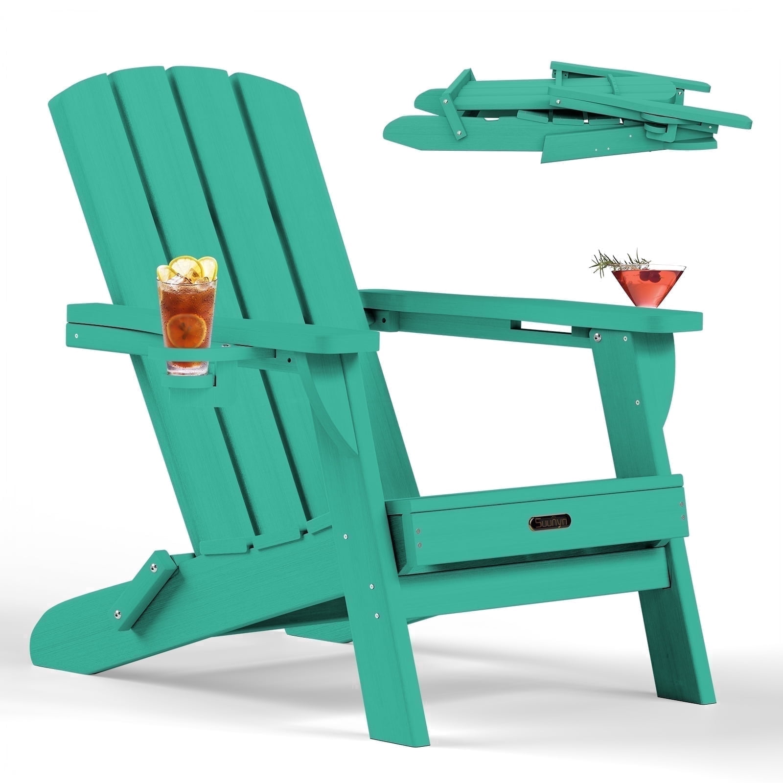Folding Adirondack Chair, HDPE All-Weather Lawn Chair with 2 Cup Holder, Patio Garden Outdoors Fire Pit, Aqua