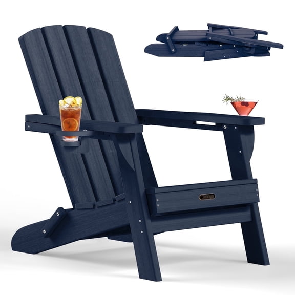 Folding Adirondack Chair, HDPE All-Weather Lawn Chair with 2 Cup Holder, Patio Garden Outdoors Fire Pit, Navy Blue