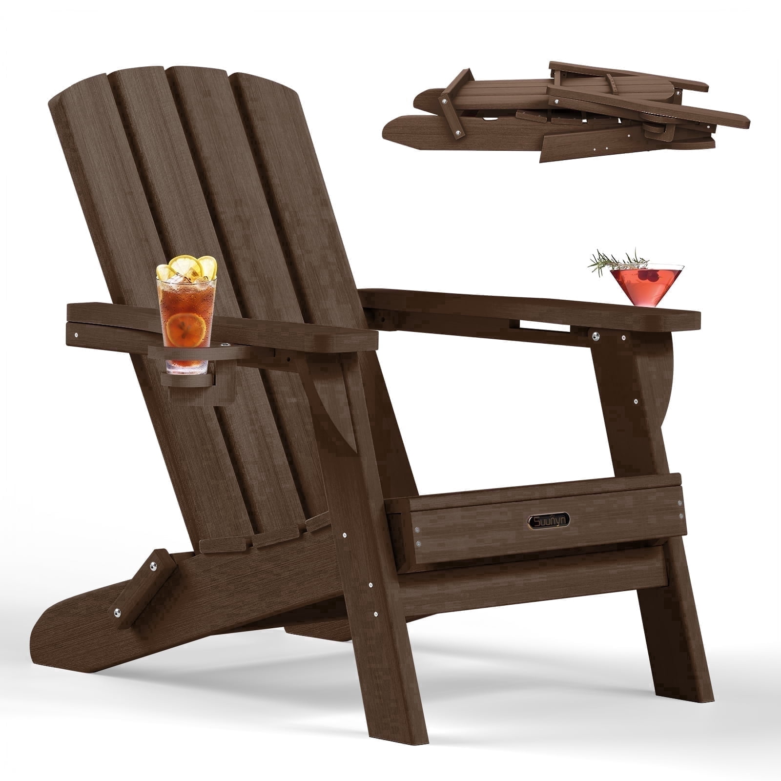 Folding Adirondack Chair, HDPE All-Weather Lawn Chair with 2 Cup Holder, Patio Garden Outdoors Fire Pit, Brown