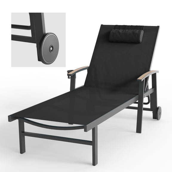 CIOKEA Aluminum Outdoor Chaise Lounge Chair with Pillow & Armrest, Patio Lounge Chair with 5-Position Adjustable Recliner & Wheels for Poolside Backyard, Black