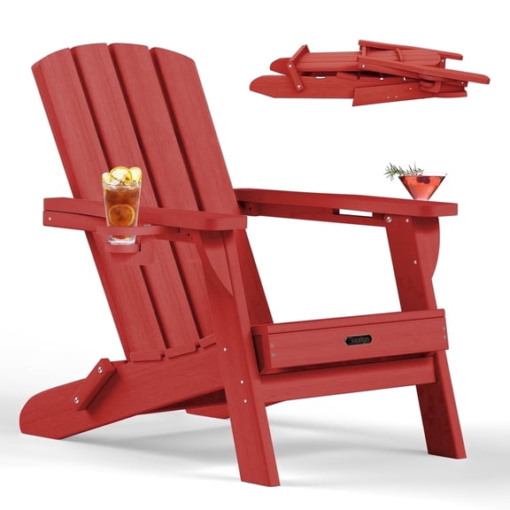 Folding Adirondack Chair, HDPE All-Weather Lawn Chair with 2 Cup Holder, Patio Garden Outdoors Fire Pit, Red