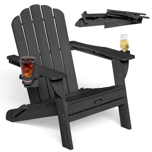 Folding Adirondack Chair, HDPE Patio Adirondack Chair with 2 Cup Holders, All-Weather Outdoor Chairs, Fire Pit Chairs for Patio, Garden, Poolside, Black