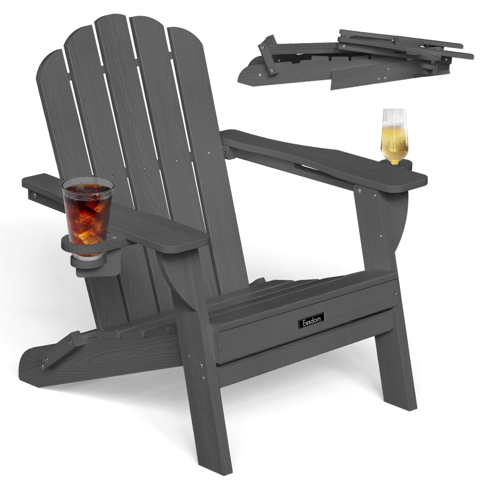 Folding Adirondack Chair, HDPE Patio Adirondack Chair with 2 Cup Holders, All-Weather Outdoor Chairs, Fire Pit Chairs for Patio, Garden, Poolside, Gray