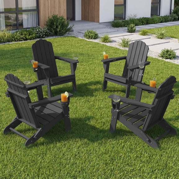 Folding Adirondack Chair set of 4, HDPE Patio Adirondack Chair with 2 Cup Holders, All-Weather Outdoor Chairs, Fire Pit Chairs for Patio, Garden, Poolside, Black