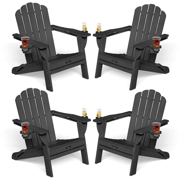 Folding Adirondack Chair set of 4, HDPE Patio Adirondack Chair with 2 Cup Holders, All-Weather Outdoor Chairs, Fire Pit Chairs for Patio, Garden, Poolside, Black