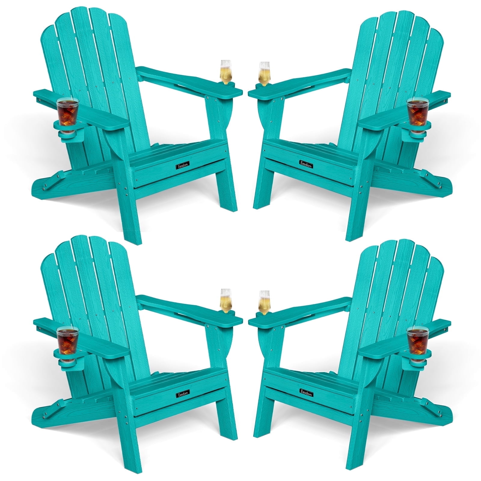 Folding Adirondack Chair set of 4, HDPE Patio Adirondack Chair with 2 Cup Holders, All-Weather Outdoor Chairs, Fire Pit Chairs for Patio, Garden, Poolside, Lake Blue