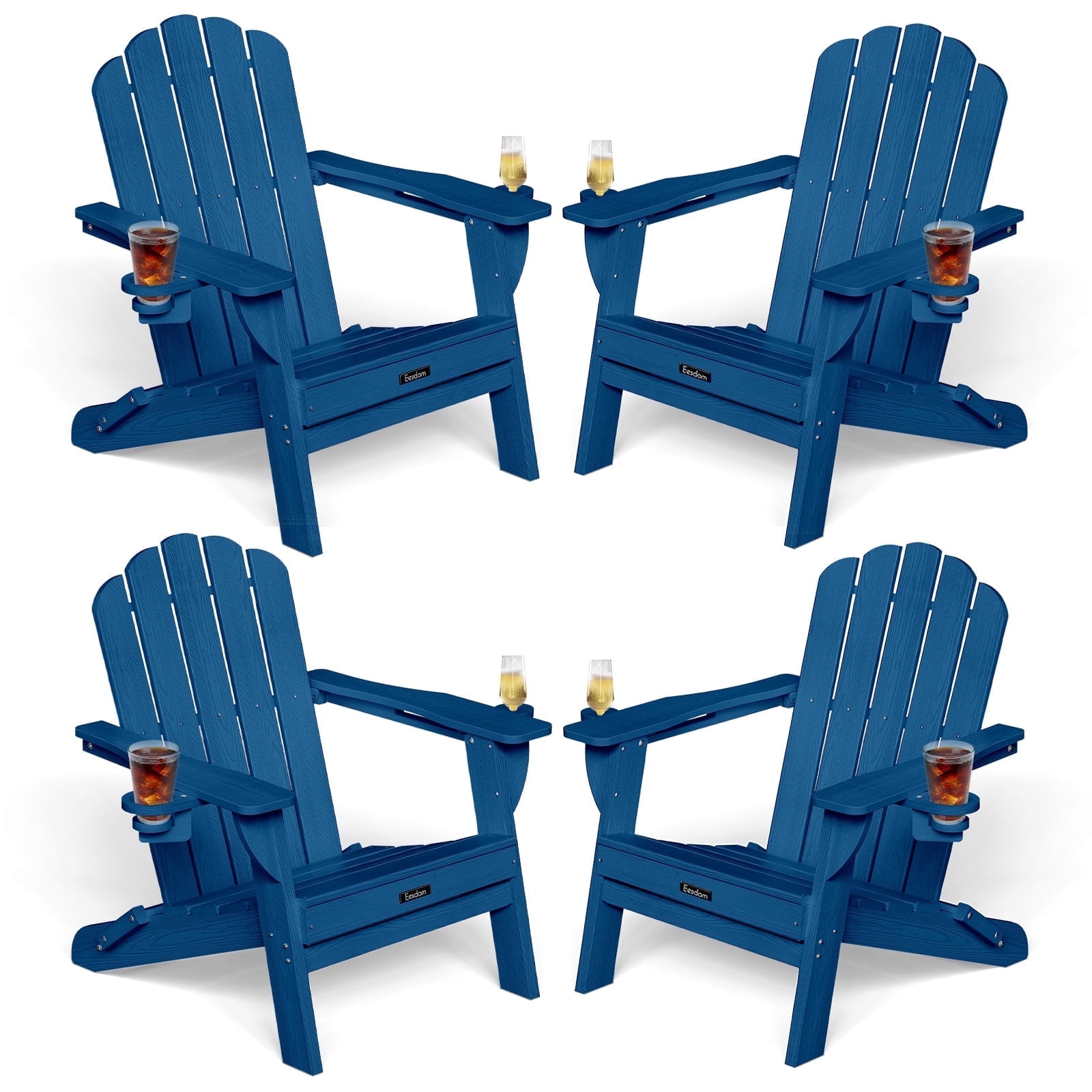 Folding Adirondack Chair set of 4, HDPE Patio Adirondack Chair with 2 Cup Holders, All-Weather Outdoor Chairs, Fire Pit Chairs for Patio, Garden, Poolside, Navy Blue