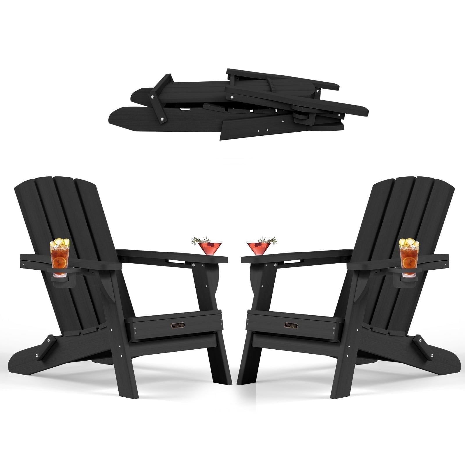Folding Adirondack Chair set of 2, HDPE All-Weather Lawn Chair with 2 Cup Holder, Patio Garden Outdoors Fire Pit, Black